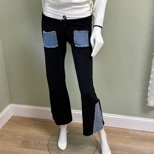 Y2K Black Flare Pants with Denim Patch Details – Size S  Statement early 2000s-s